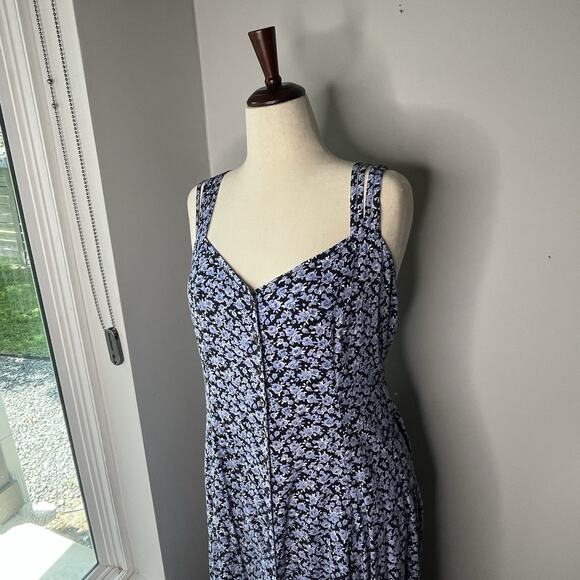 Vtg Midi Dress Size 14 Ditsy Floral Blue Smocked 90s Button Front Y2K - Picture 3 of 9